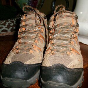 Ladies 7.5 leather waterproof hiking boots brown orange EUC Itasca